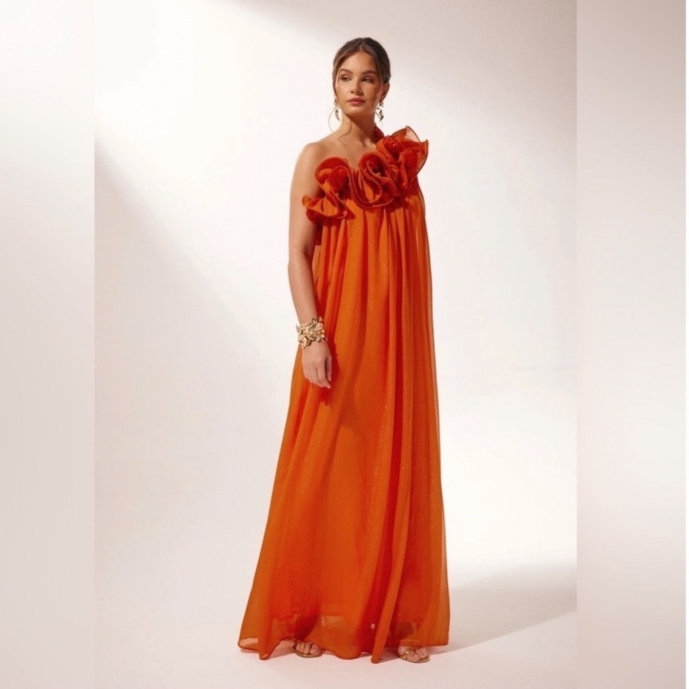 Sunfere Orange Ruffle One Shoulder Shimmer Maxi Dress Size M Formal Gown